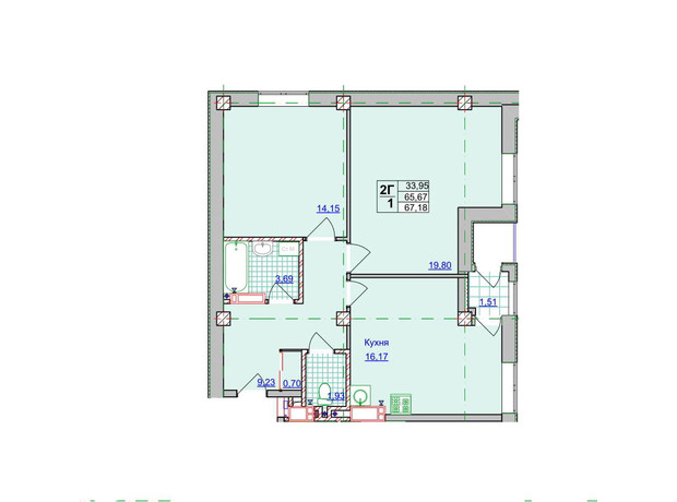 ЖК Спортивний: планування 2-кімнатної квартири 67.18 м²