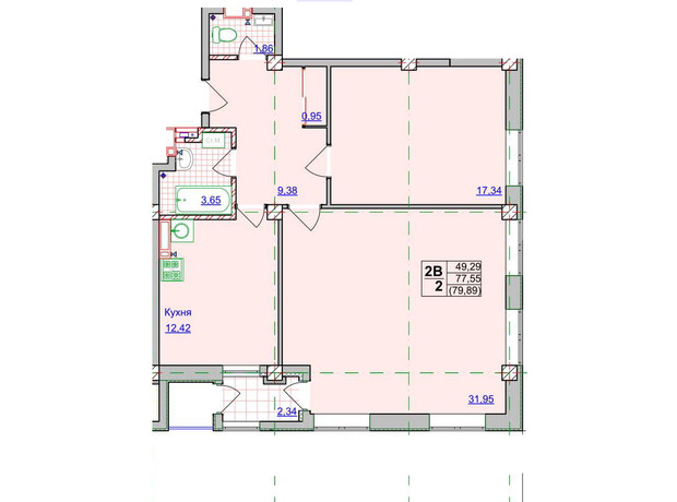 ЖК Спортивний: планування 2-кімнатної квартири 79.89 м²