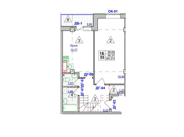 ЖК Спортивный: планировка 3-комнатной квартиры 94.31 м²