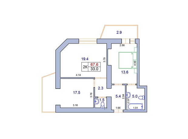 ЖК Фонтан: планування 2-кімнатної квартири 67.6 м²