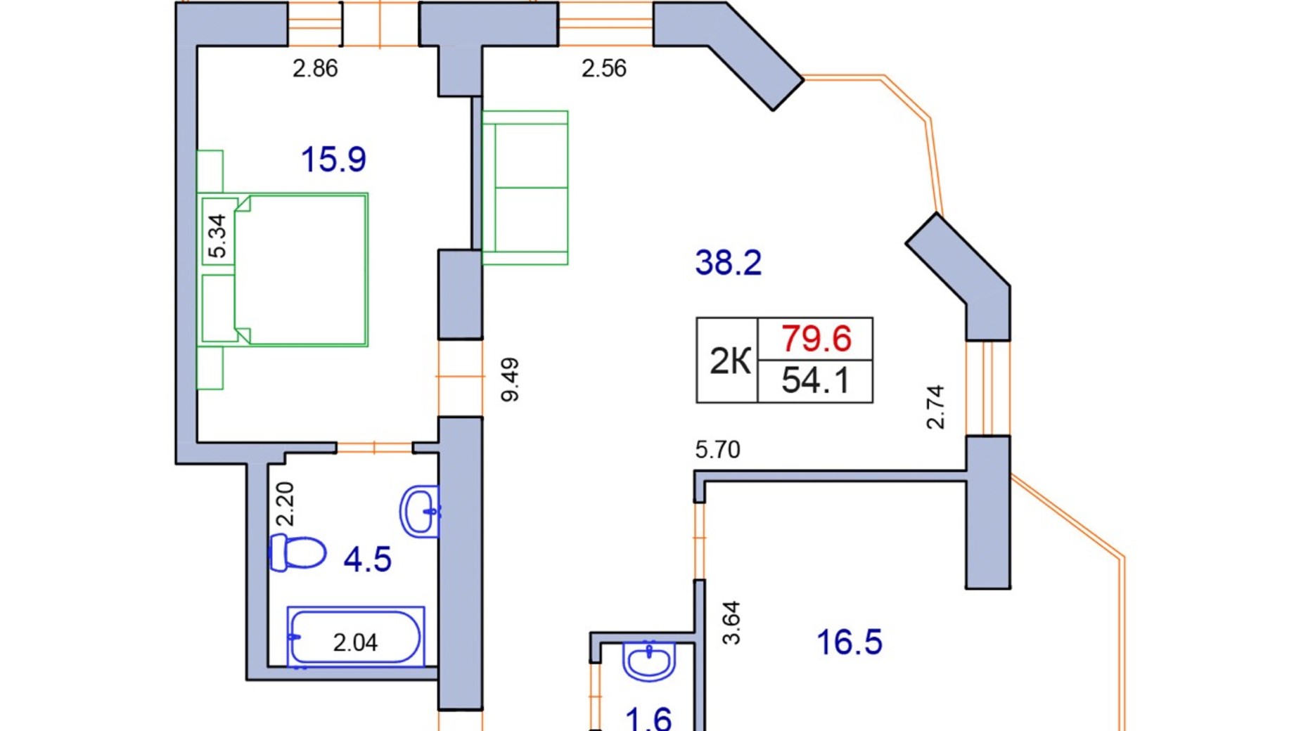 Планировка 2-комнатной квартиры в ЖК Фонтан 79.6 м², фото 106835