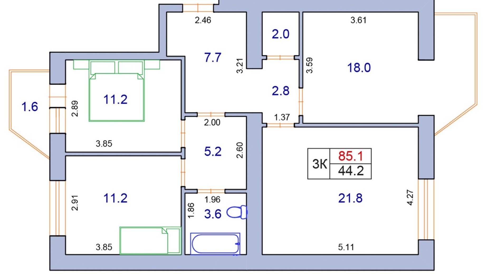 Планировка 3-комнатной квартиры в ЖК Фонтан 85.1 м², фото 106836