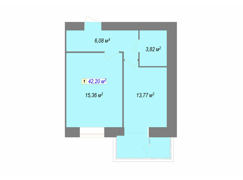 Планировка 1-комнатной квартиры в ЖК Кудрянка 42.2 м², фото 107659 Планировка 1-комнатной квартиры в ЖК Кудрянка 42.2 м², фото 107659