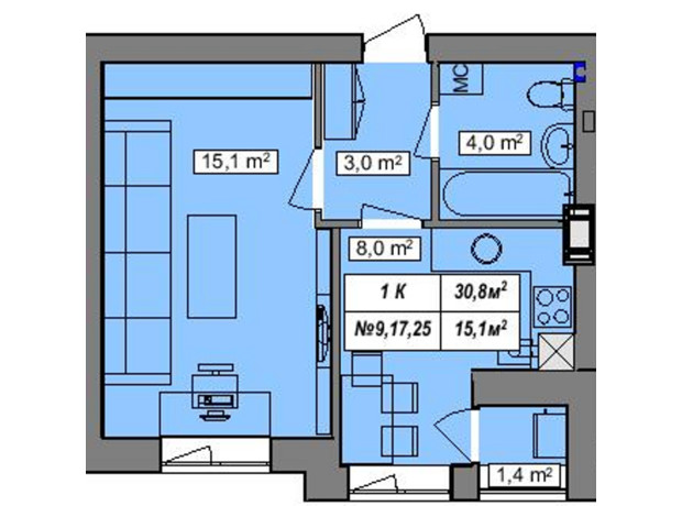 ЖК Гудвіл: планування 1-кімнатної квартири 36.4 м²