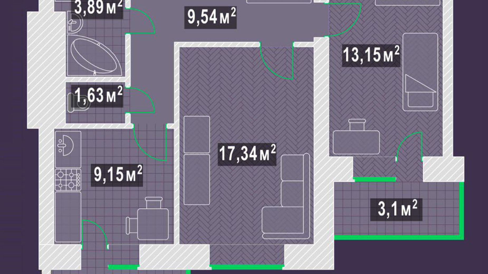 Планировка 2-комнатной квартиры в ЖК Гарден Скай 61.1 м², фото 109196