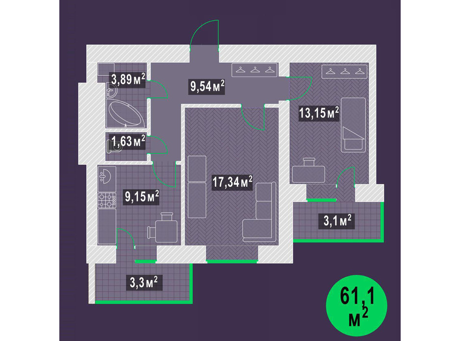 Планировка 2-комнатной квартиры в ЖК Гарден Скай 61.1 м², фото 109196 Планировка 2-комнатной квартиры в ЖК Гарден Скай 61.1 м², фото 109196