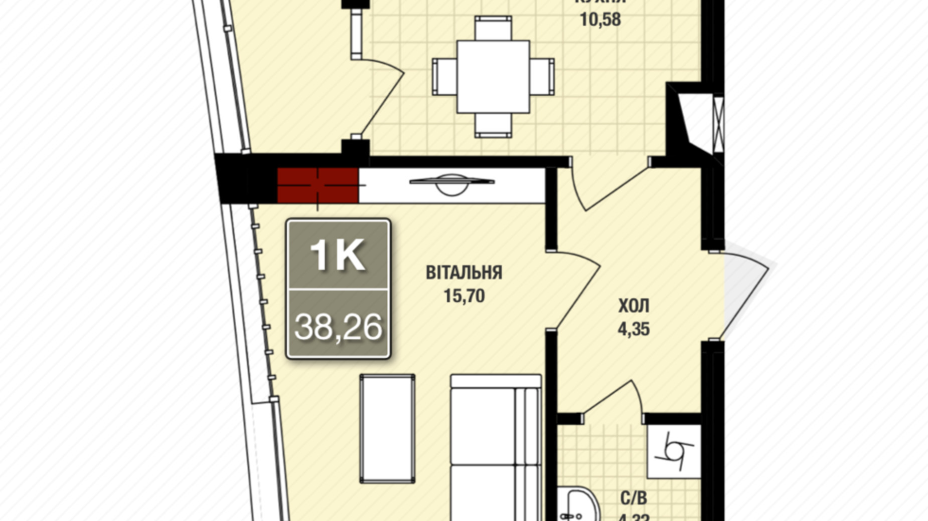 Планування 1-кімнатної квартири в ЖК Президент Хол 38.26 м², фото 109236