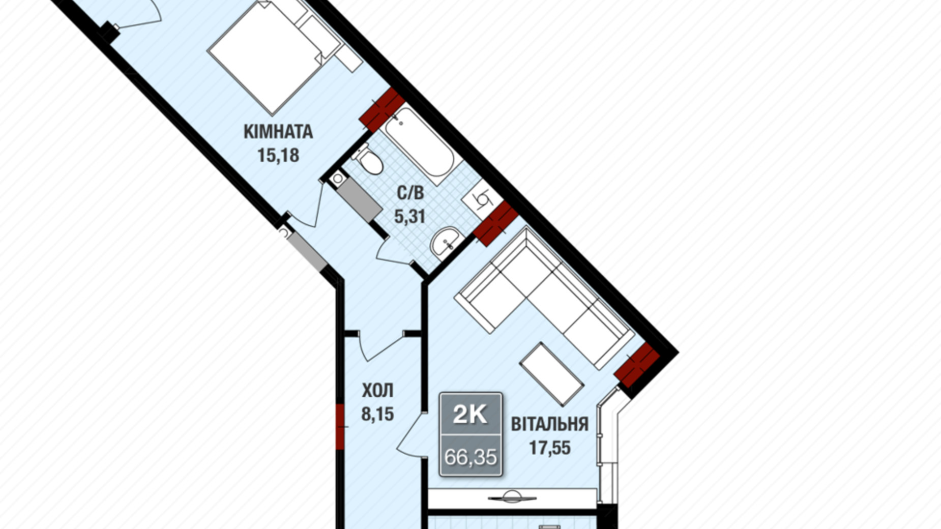 Планування 2-кімнатної квартири в ЖК Президент Хол 66.35 м², фото 109238