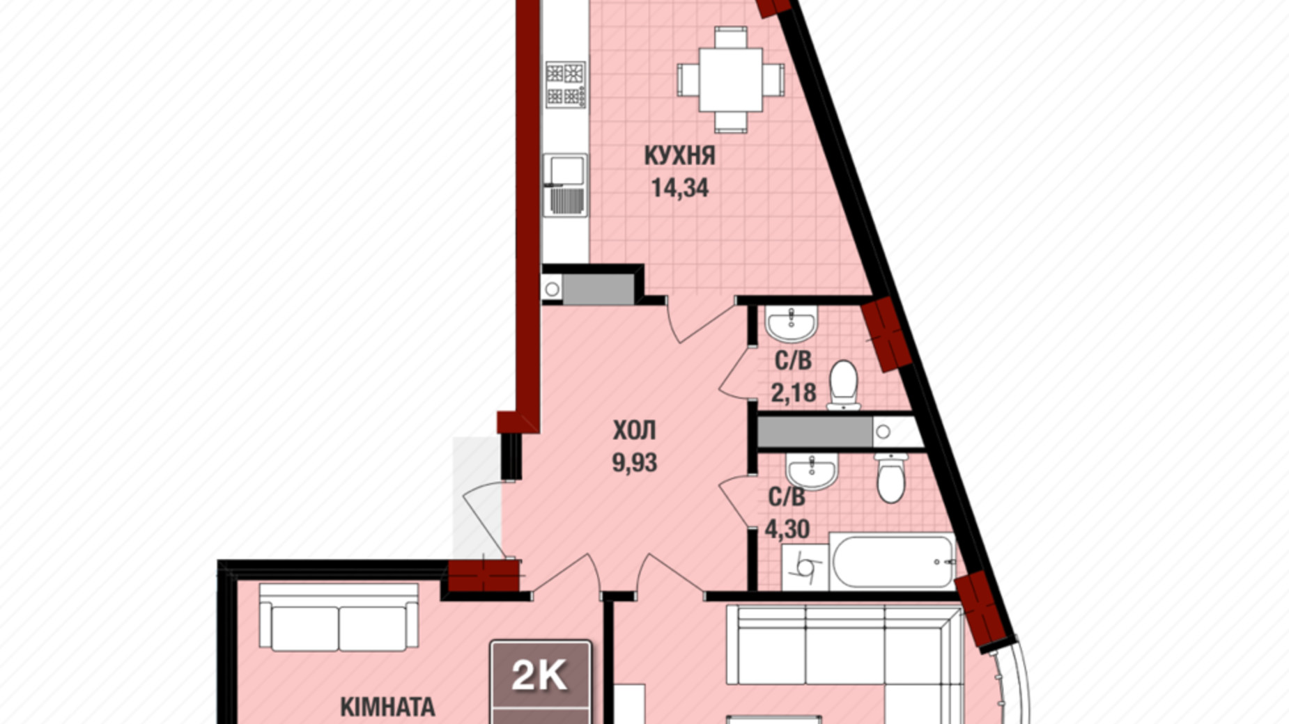 Планировка 2-комнатной квартиры в ЖК Президент Холл 67.37 м², фото 109240