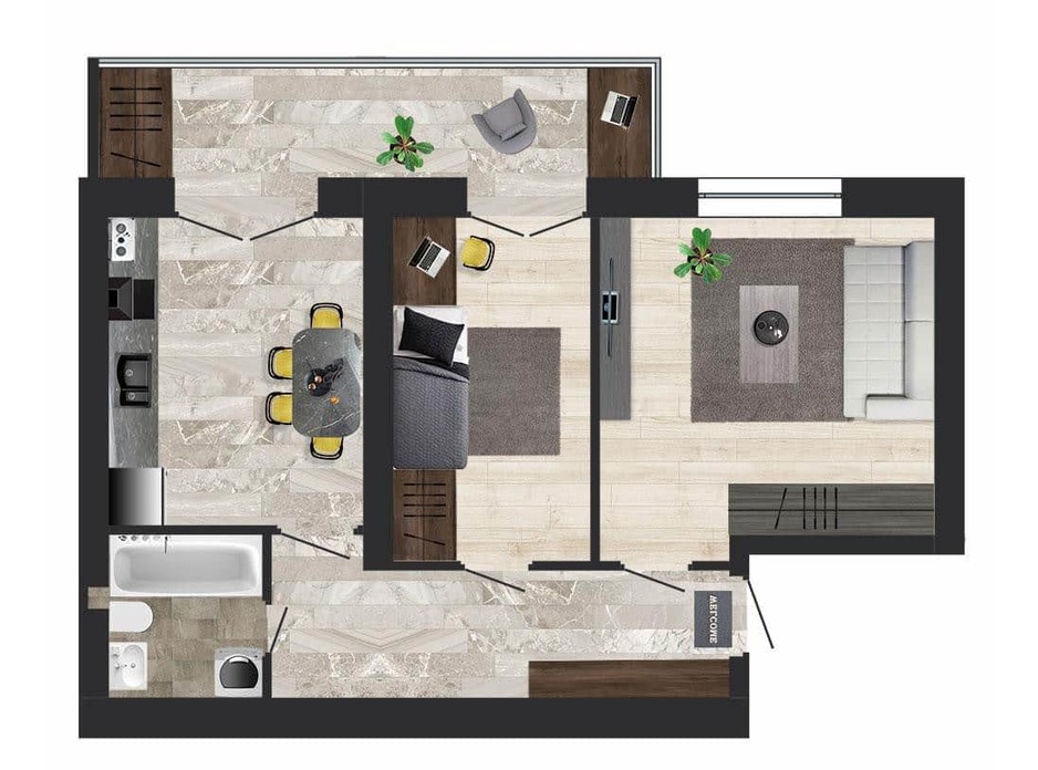 Планировка 2-комнатной квартиры в ЖК Кленовый Парк 57.24 м², фото 111302 Планировка 2-комнатной квартиры в ЖК Кленовый Парк 57.24 м², фото 111302