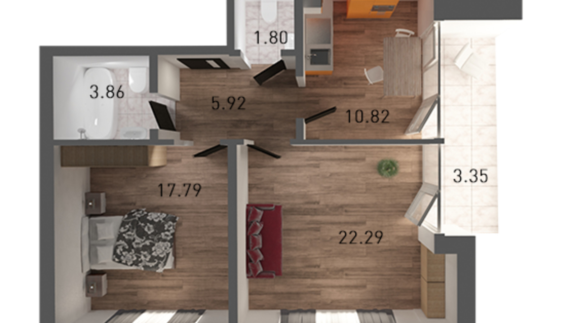 Планировка 2-комнатной квартиры в ЖК Горганы 65.83 м², фото 111416