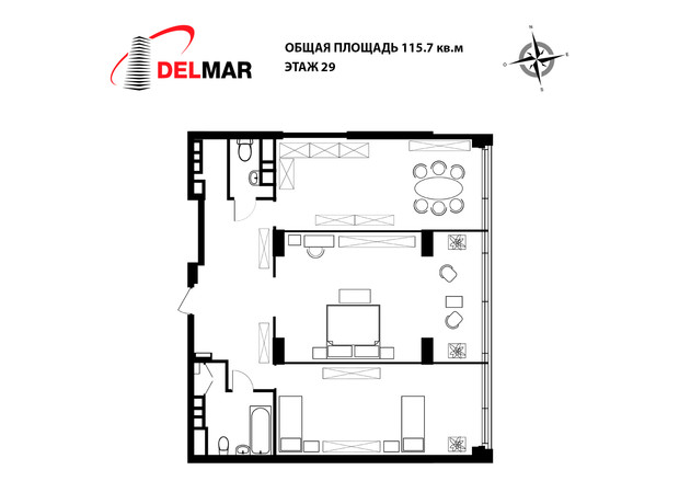 ЖК Delmar: планировка 2-комнатной квартиры 115.7 м²