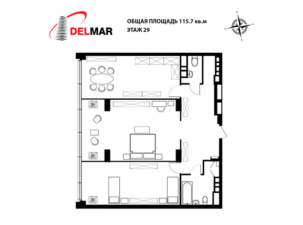 ЖК Delmar: планировка 2-комнатной квартиры 115.7 м²