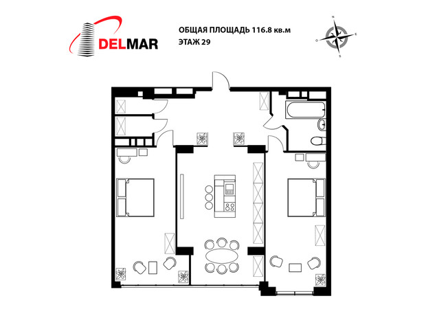 ЖК Delmar: планування 2-кімнатної квартири 116.8 м²