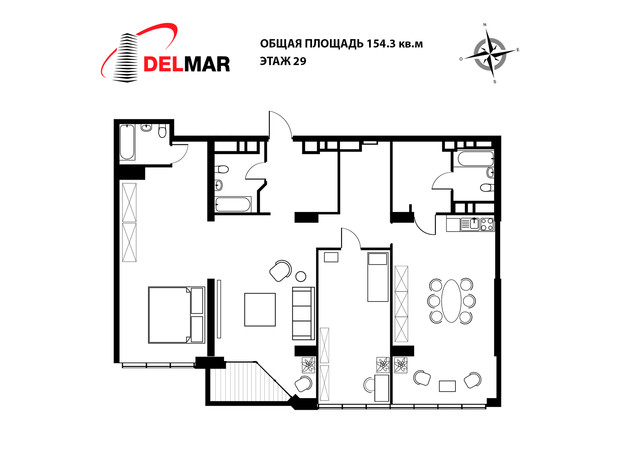 ЖК Delmar: планування 3-кімнатної квартири 154.4 м²