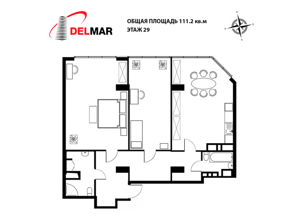ЖК Delmar: планировка 2-комнатной квартиры 112.2 м²
