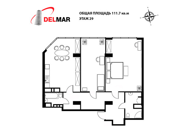 ЖК Delmar: планування 2-кімнатної квартири 117.2 м²