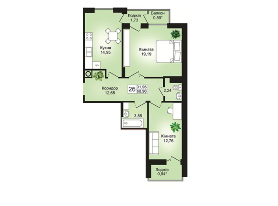 Планировка 2-комнатной квартиры в ЖК Prestige Hall 68.9 м², фото 113024 Планировка 2-комнатной квартиры в ЖК Prestige Hall 68.9 м², фото 113024