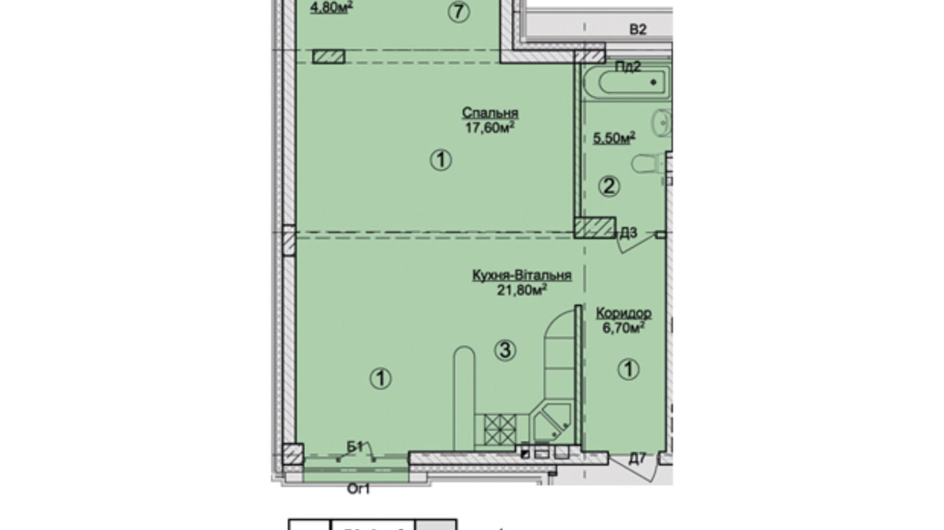 Планировка 1-комнатной квартиры в КД Rezydencja Zalizna Voda 59 м², фото 113171