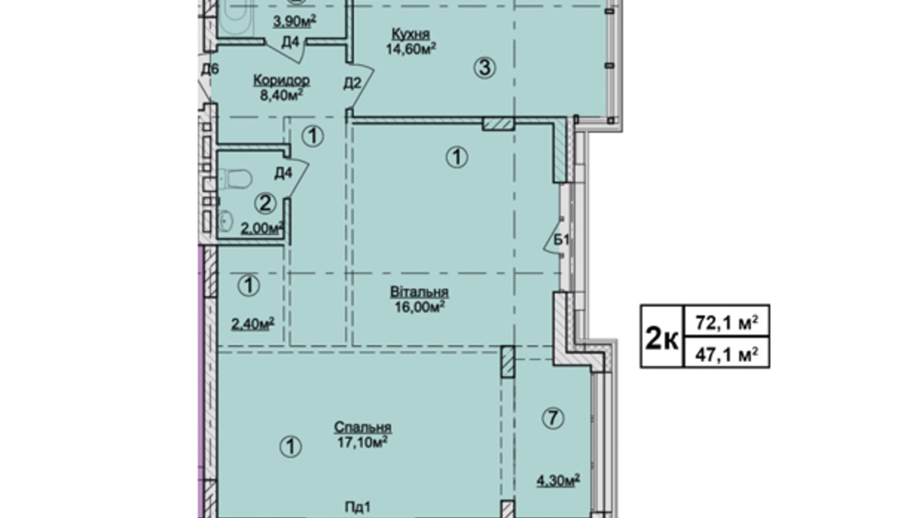 Планировка 2-комнатной квартиры в КД Rezydencja Zalizna Voda 72.1 м², фото 113172