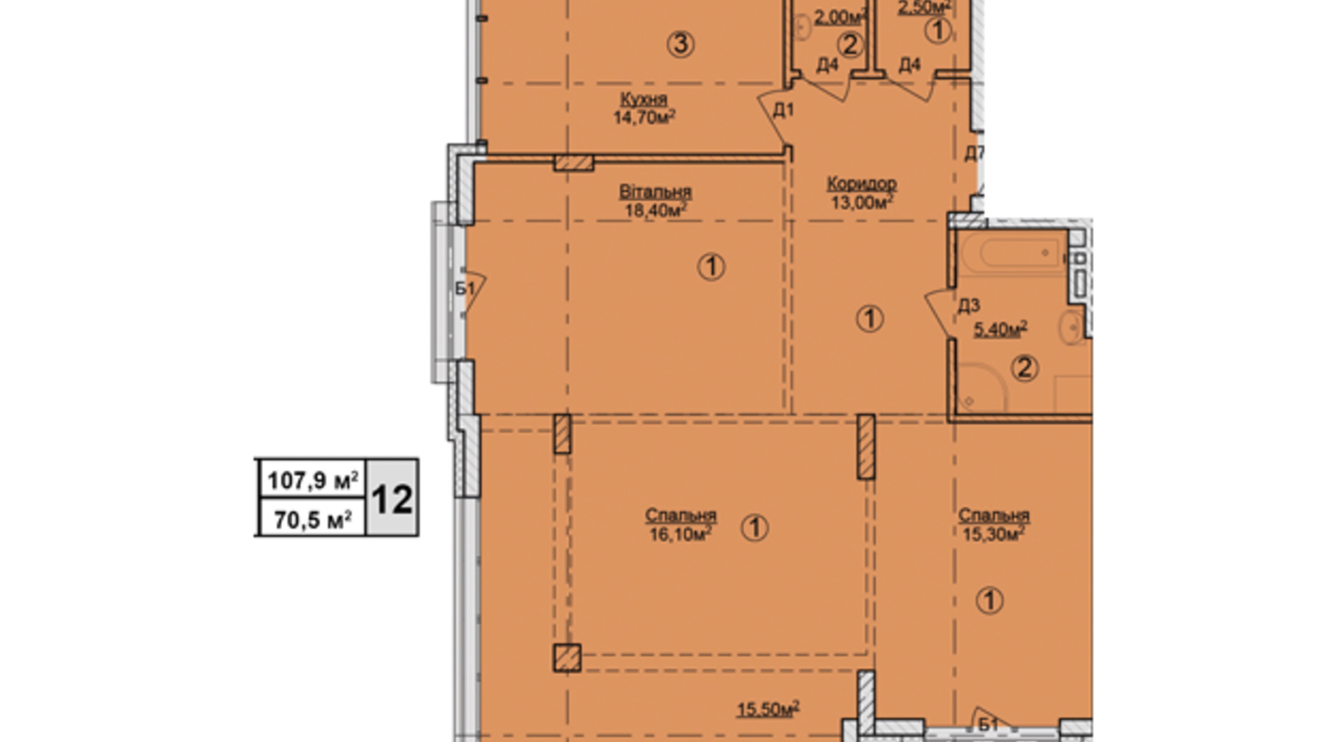 Планування 3-кімнатної квартири в КБ Rezydencja Zalizna Voda 107.9 м², фото 113177