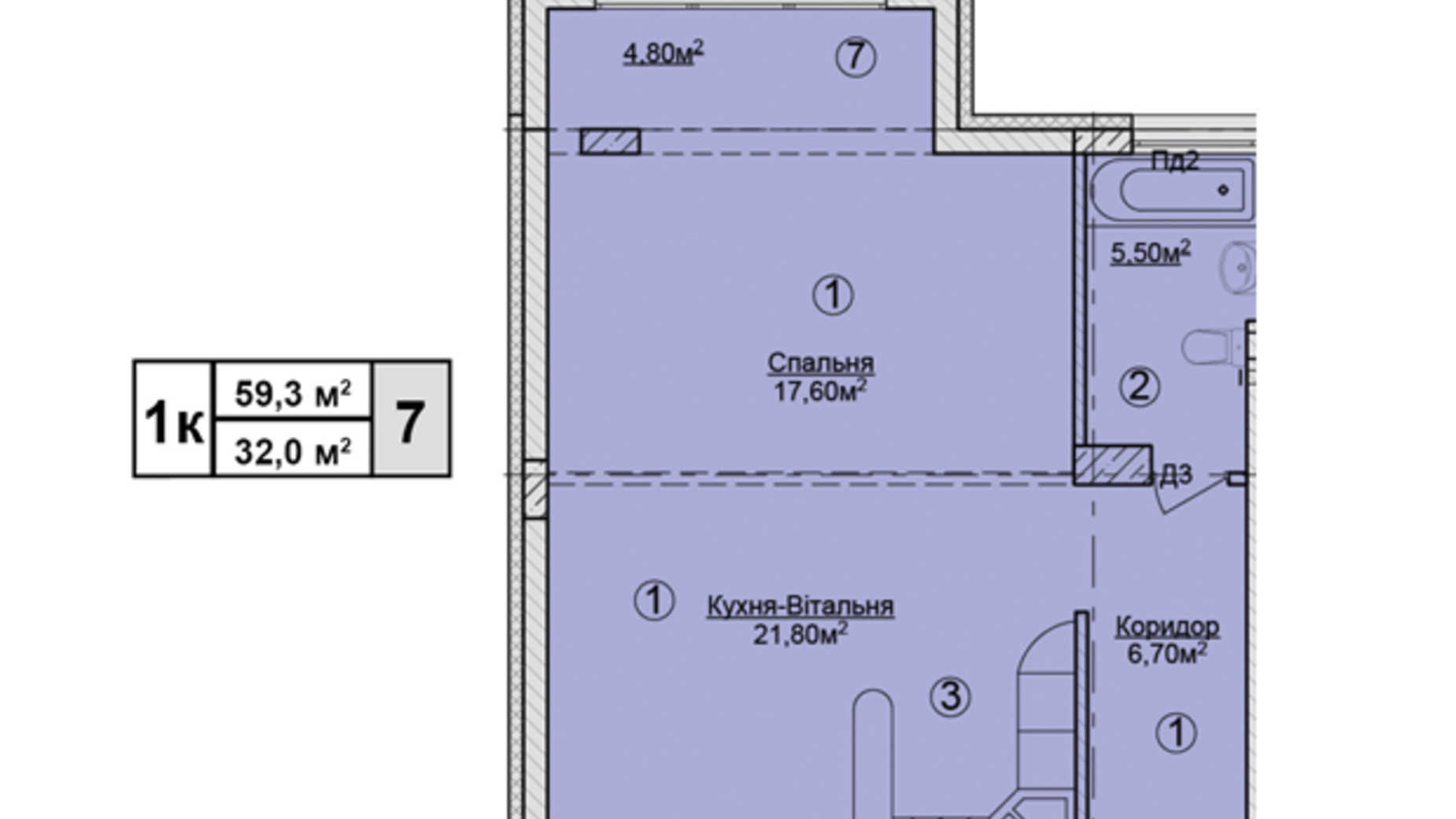 Планування 1-кімнатної квартири в КБ Rezydencja Zalizna Voda 59.3 м², фото 113178