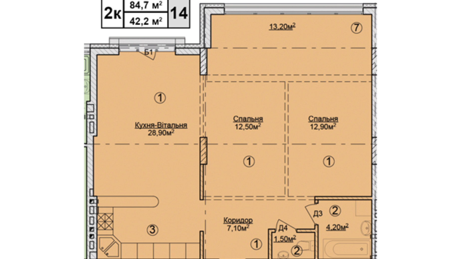 Планування 2-кімнатної квартири в КБ Rezydencja Zalizna Voda 83.4 м², фото 113187