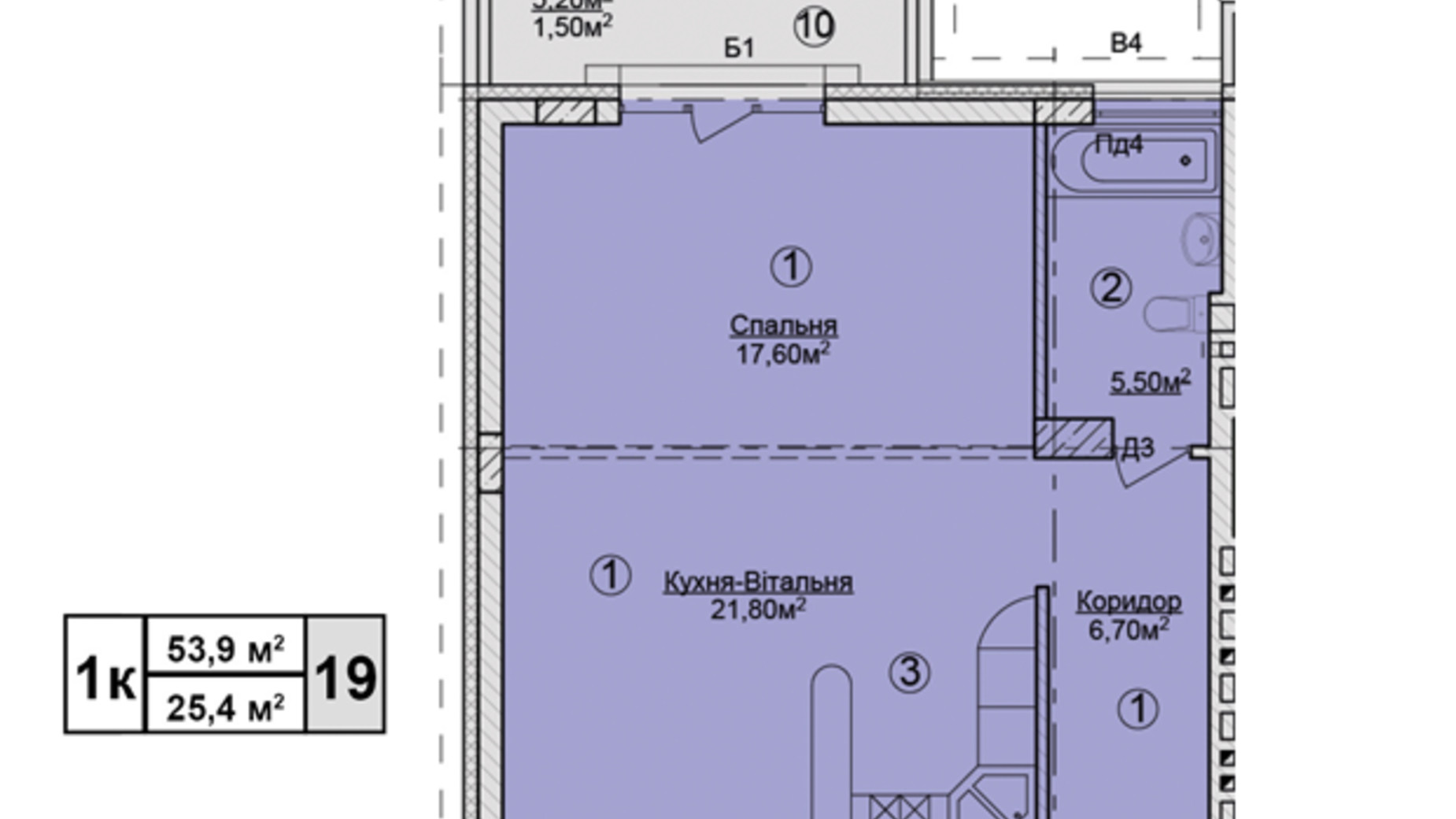 Планировка 1-комнатной квартиры в КД Rezydencja Zalizna Voda 53.9 м², фото 113190