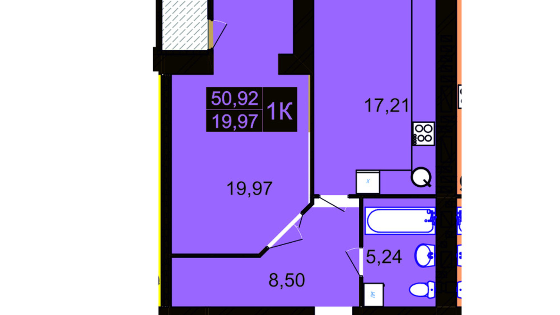 Планування 1-кімнатної квартири в ЖК Millennium Hills 50.92 м², фото 113506