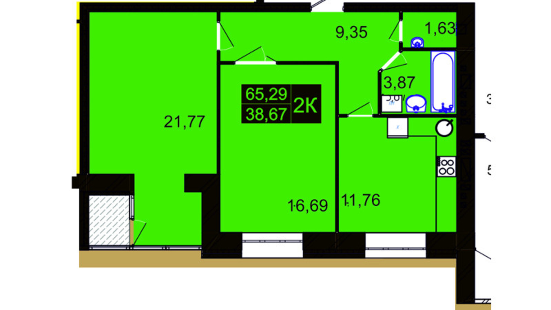 Планировка 2-комнатной квартиры в ЖК Millennium Hills 65.29 м², фото 113530