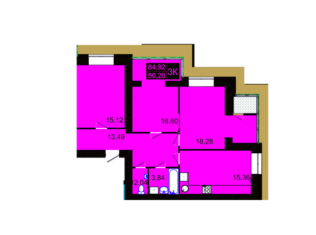 ЖК Millennium Hills: планування 3-кімнатної квартири 84.92 м²