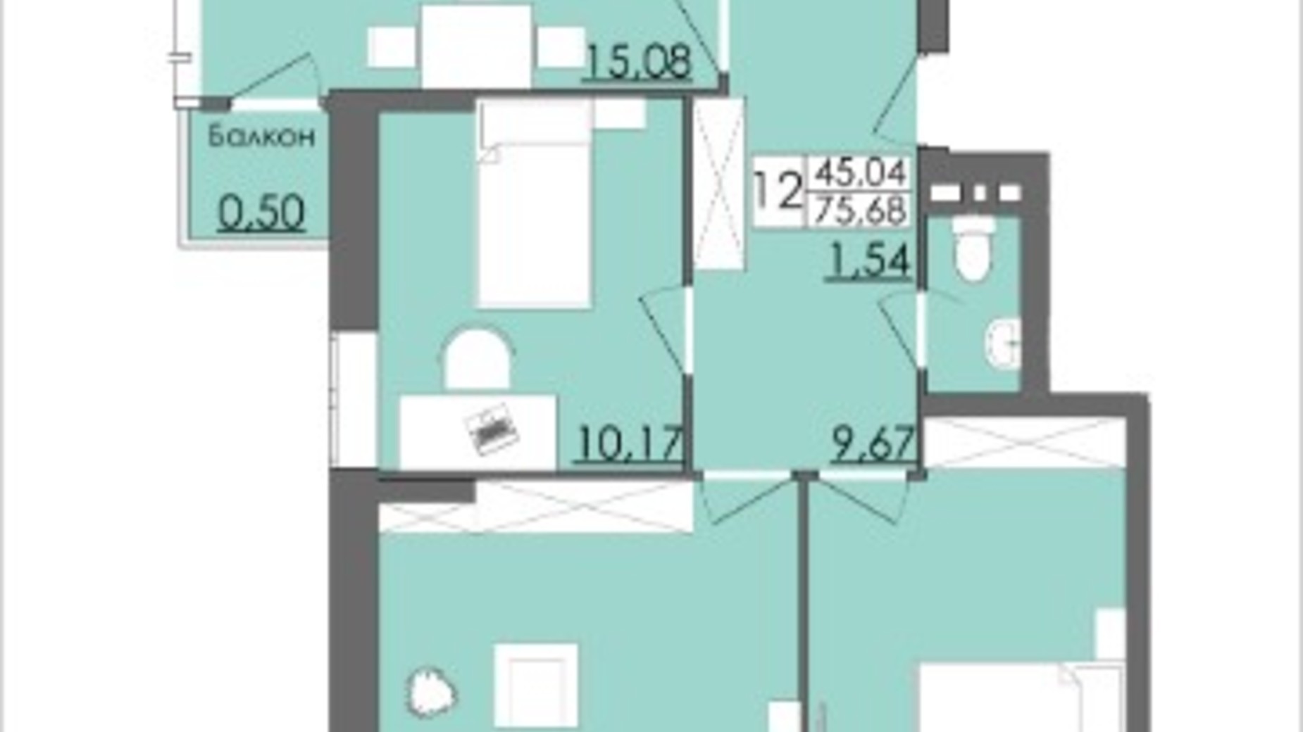 Планування 3-кімнатної квартири в ЖК Родинна Казка 75.68 м², фото 114312