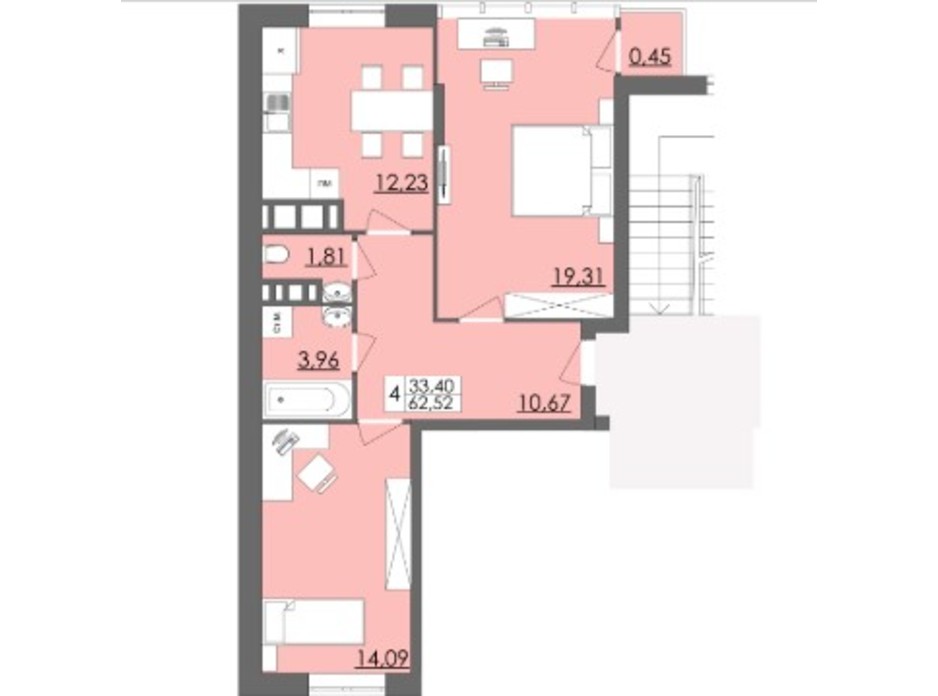 Планировка 2-комнатной квартиры в ЖК Родинна Казка 62.52 м², фото 114316 Планировка 2-комнатной квартиры в ЖК Родинна Казка 62.52 м², фото 114316