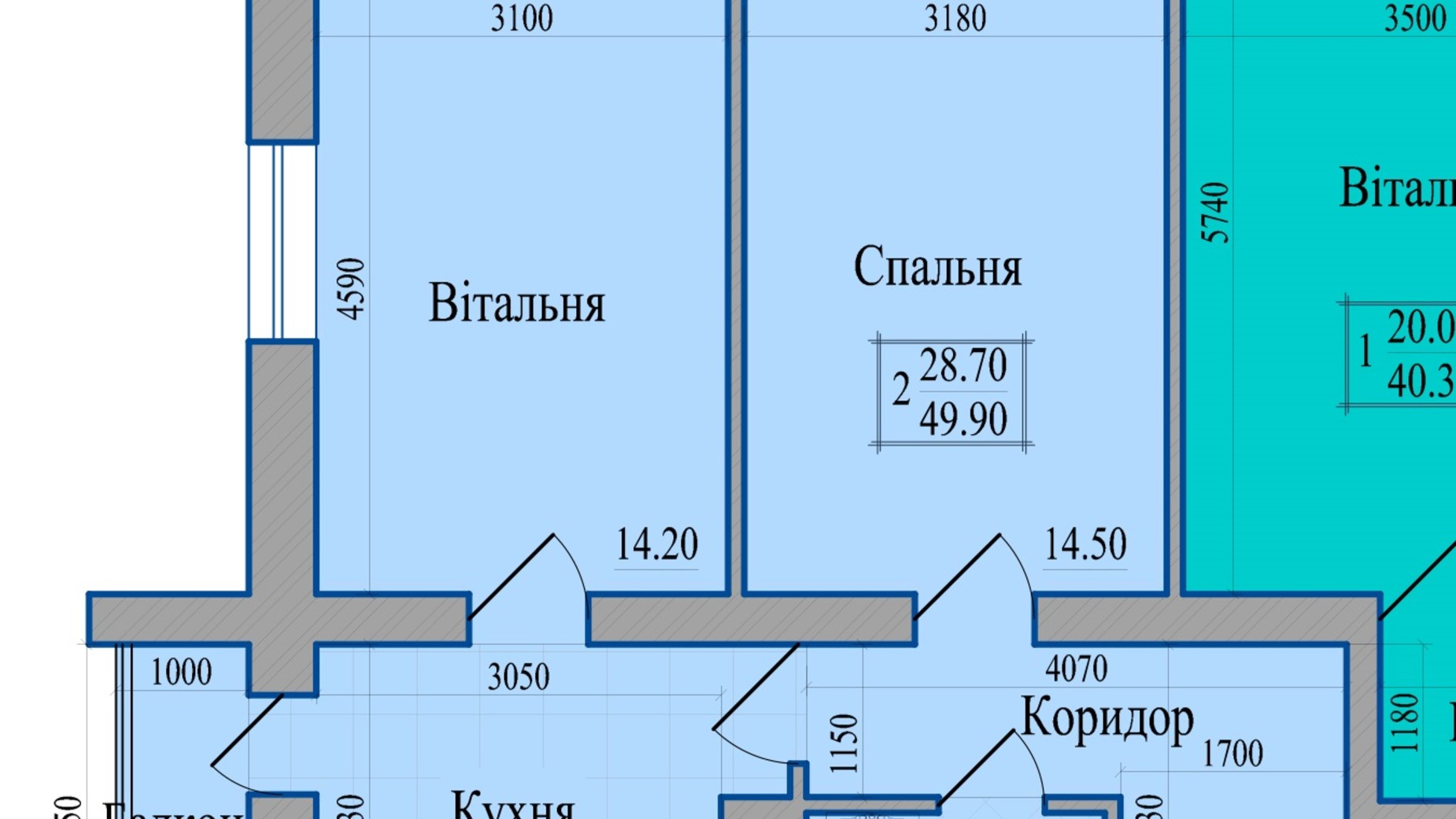 Планування 2-кімнатної квартири в ЖК Діамант 49.9 м², фото 114674