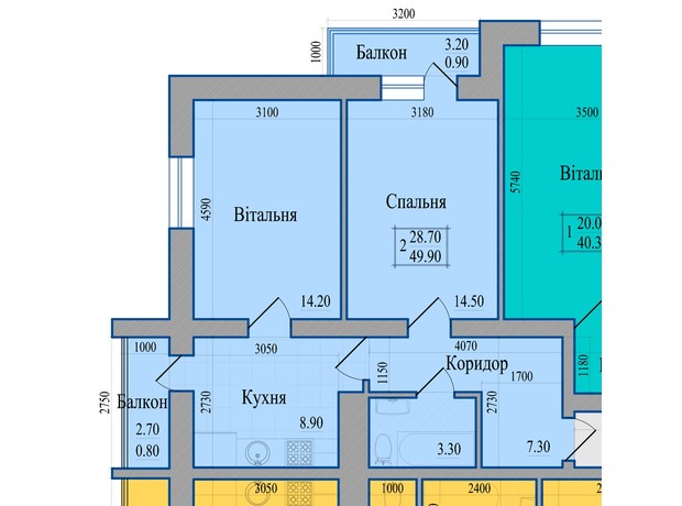 ЖК Диамант: планировка 2-комнатной квартиры 49.9 м²