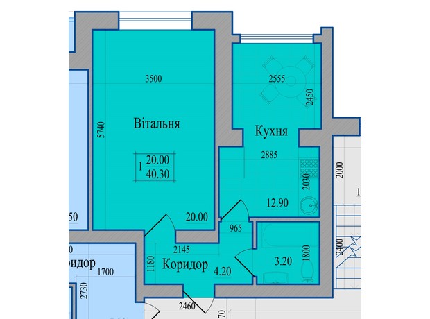 ЖК Діамант: планування 1-кімнатної квартири 40.3 м²