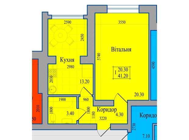 ЖК Діамант: планування 1-кімнатної квартири 41.2 м²