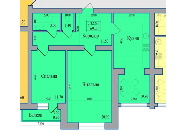 ЖК Діамант: планування 2-кімнатної квартири 69.2 м²