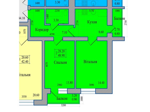 ЖК Діамант: планування 2-кімнатної квартири 48.9 м²