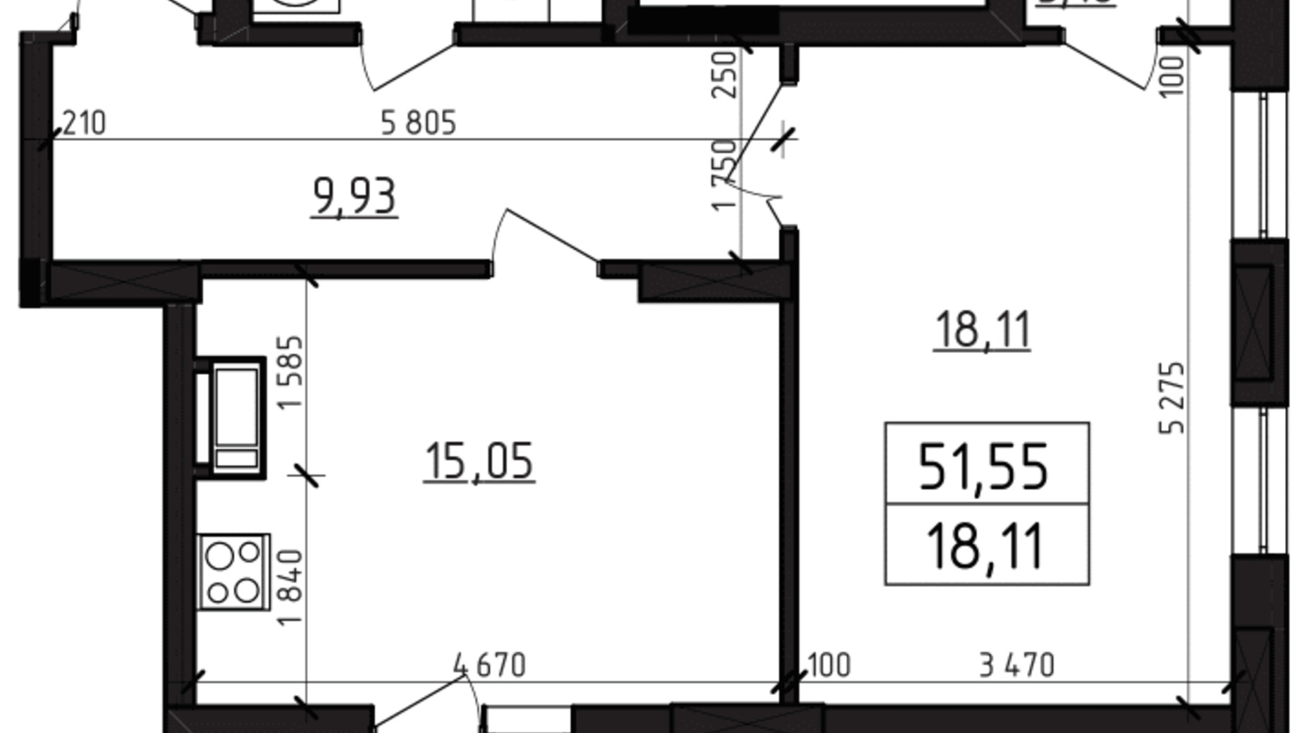 Планировка 1-комнатной квартиры в ЖК Вернисаж 51.55 м², фото 114813