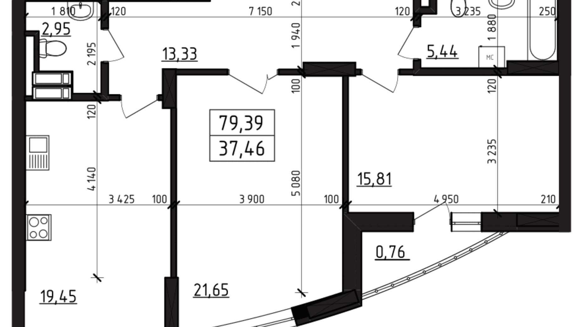 Планировка 2-комнатной квартиры в ЖК Вернисаж 79.39 м², фото 114816