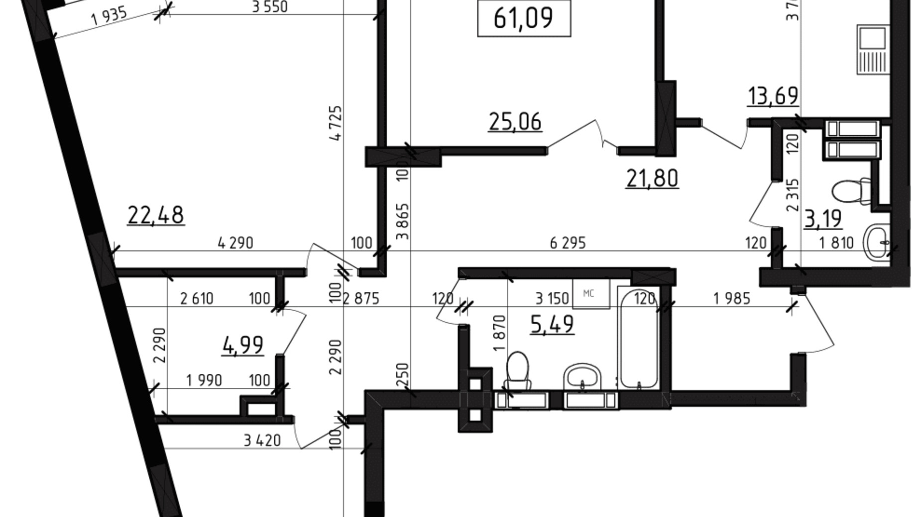 Планировка 3-комнатной квартиры в ЖК Вернисаж 113.86 м², фото 114818