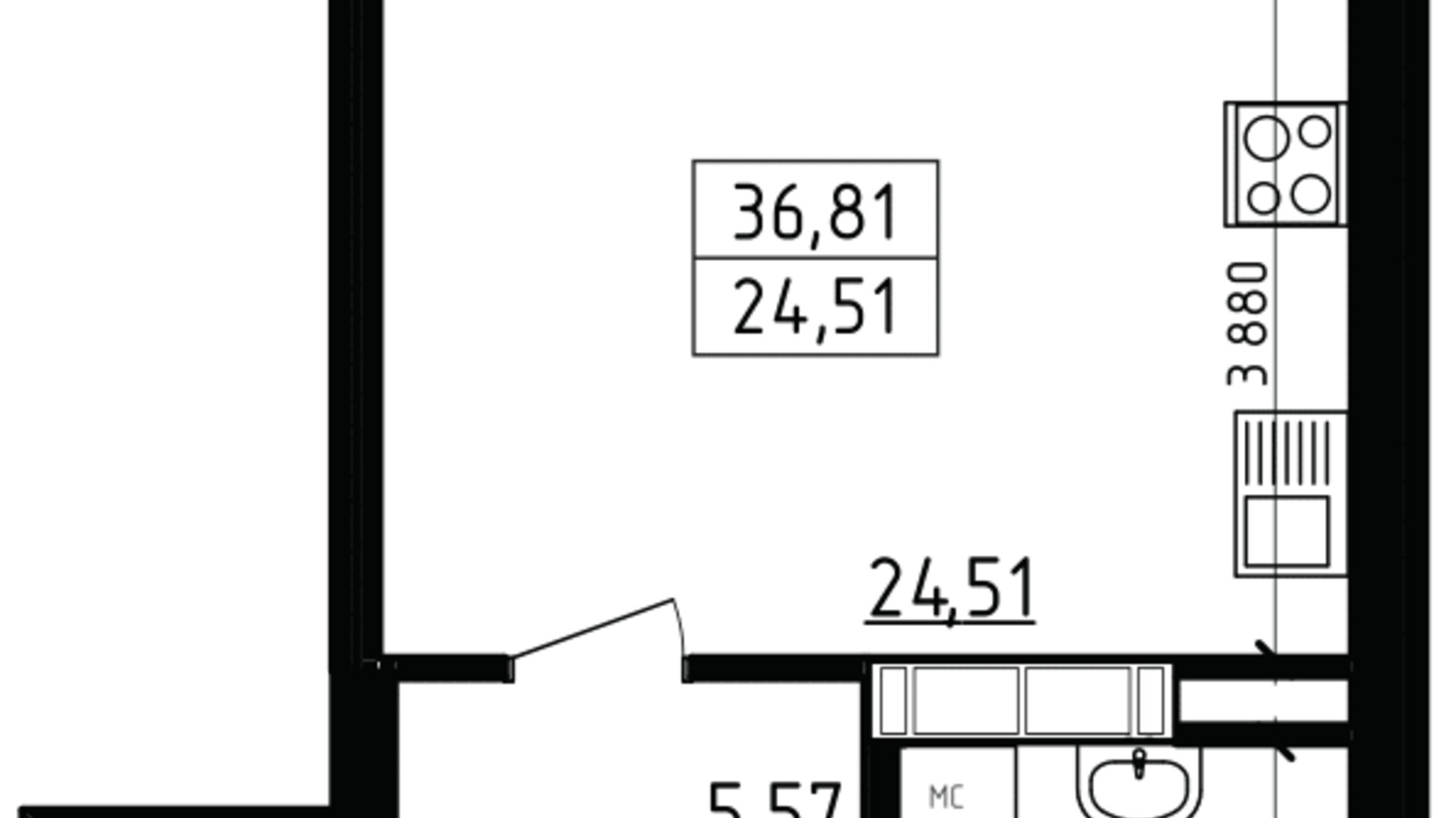 Планировка смарт квартиры в ЖК Вернисаж 36.81 м², фото 114820