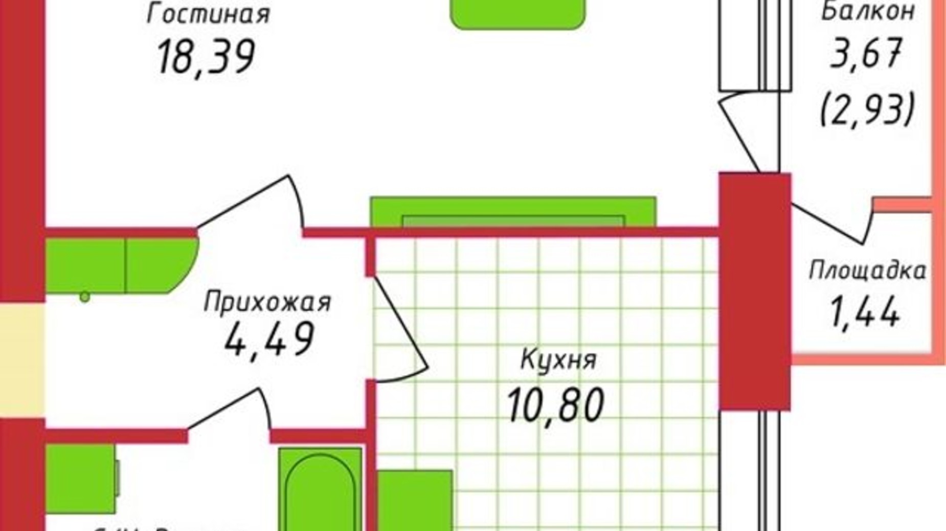 Планировка 1-комнатной квартиры в ЖК Кампа 40.43 м², фото 115152