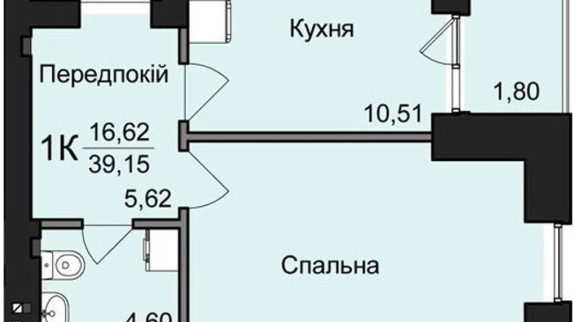 Планировка 1-комнатной квартиры в ЖК Жилой дом 2 39.15 м², фото 115511