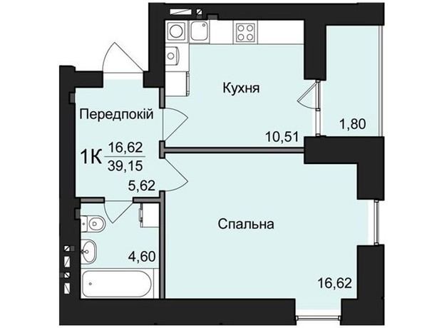 ЖК Житловий будинок 2: планування 1-кімнатної квартири 39.15 м²