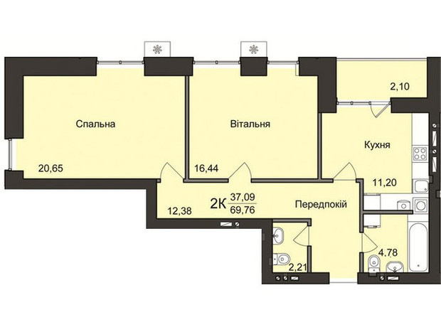 ЖК Жилой дом 2: планировка 2-комнатной квартиры 69.76 м²