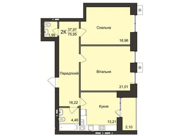 ЖК Жилой дом 2: планировка 2-комнатной квартиры 75.95 м²