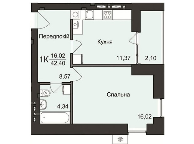 ЖК Житловий будинок 2: планування 1-кімнатної квартири 42.4 м²