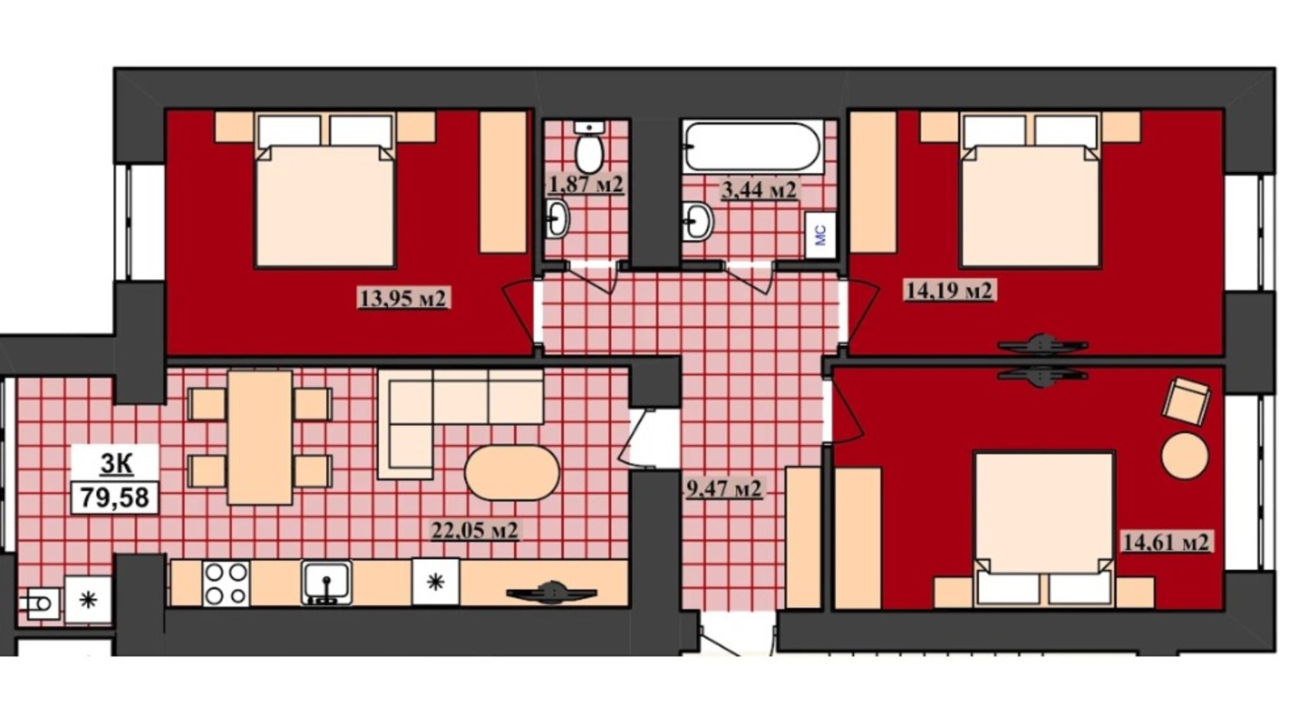 Планировка 3-комнатной квартиры в ЖК Гетьманский 83 м², фото 116744